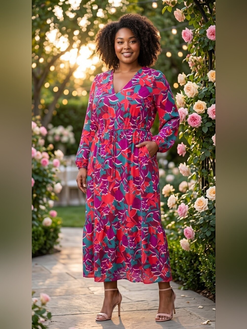 Bar III V-Neck Floral Tie-Waist Midi Dress, EUC (No Pockets)